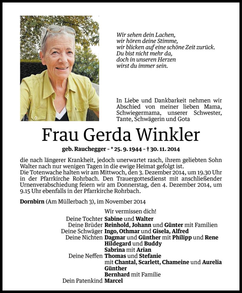  Todesanzeige für Gerda Winkler vom 01.12.2014 aus Vorarlberger Nachrichten