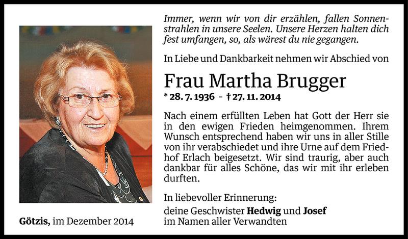  Todesanzeige für Martha Brugger vom 04.12.2014 aus Vorarlberger Nachrichten