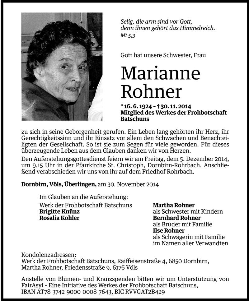  Todesanzeige für Marianne Rohner vom 01.12.2014 aus Vorarlberger Nachrichten