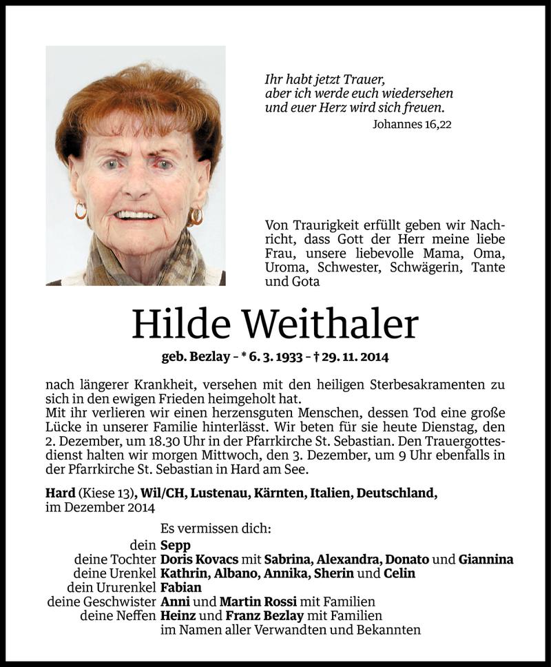  Todesanzeige für Hilde Weithaler vom 01.12.2014 aus Vorarlberger Nachrichten