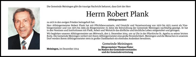  Todesanzeige für Robert Plank vom 01.12.2014 aus Vorarlberger Nachrichten