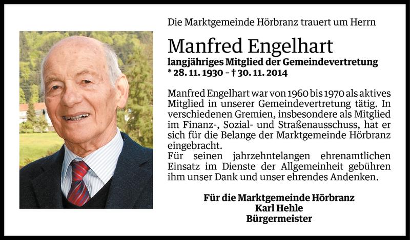  Todesanzeige für Manfred Engelhart vom 01.12.2014 aus Vorarlberger Nachrichten