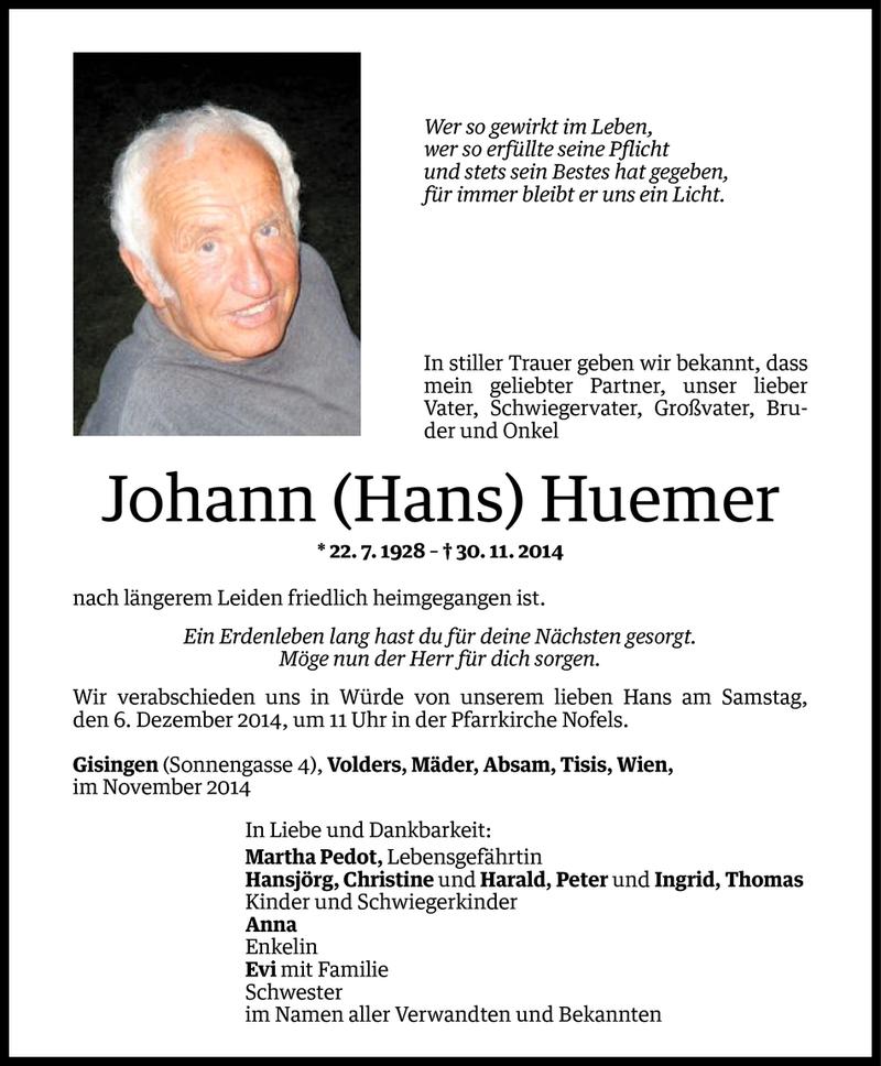  Todesanzeige für Johann Huemer vom 02.12.2014 aus Vorarlberger Nachrichten