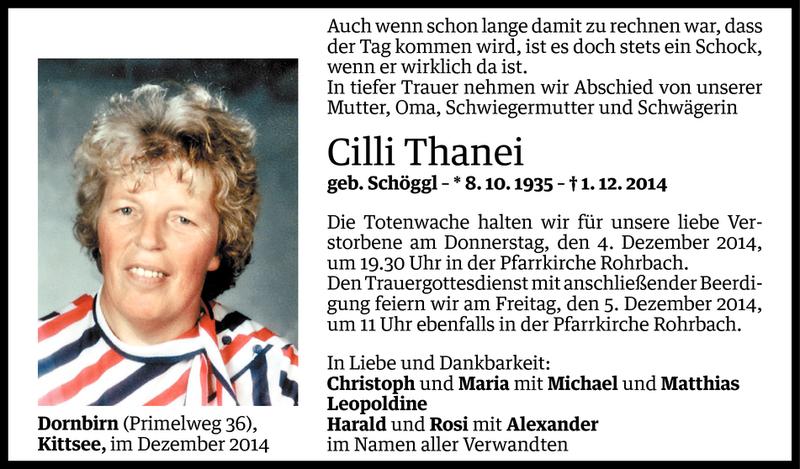  Todesanzeige für Cilli Thanei vom 02.12.2014 aus Vorarlberger Nachrichten