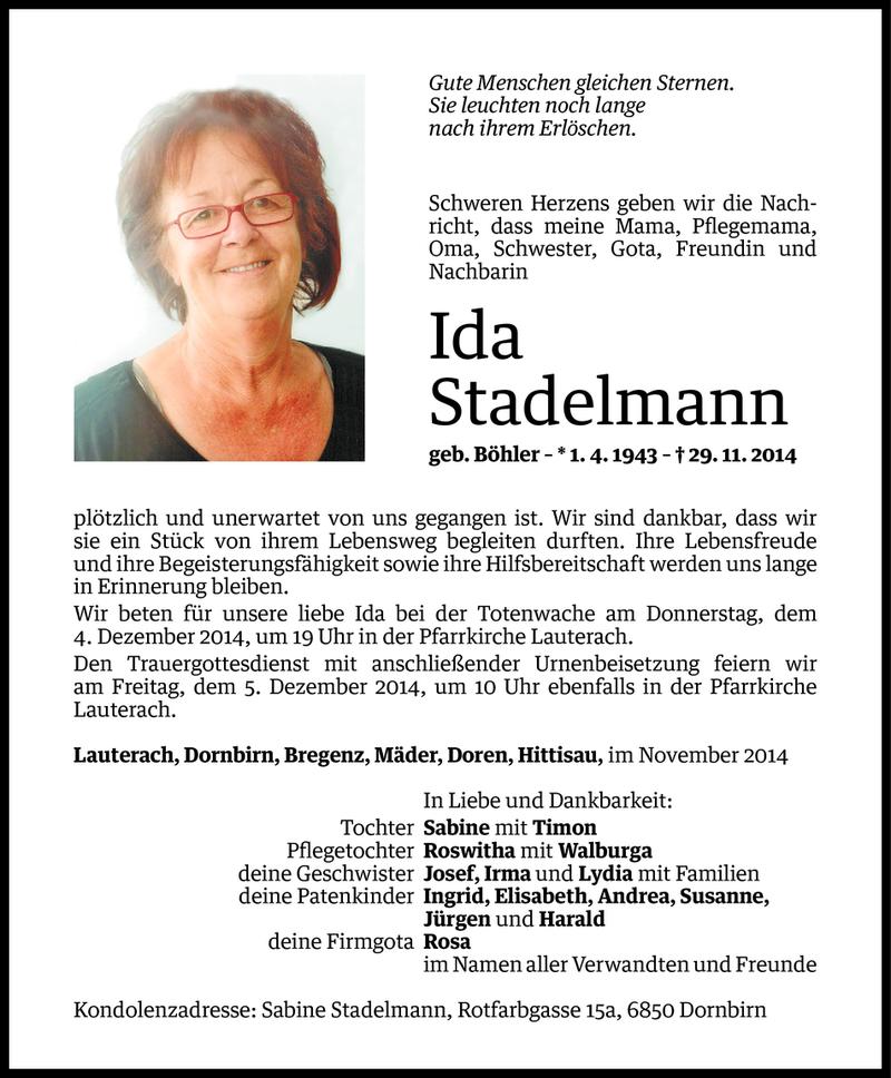  Todesanzeige für Ida Stadelmann vom 02.12.2014 aus Vorarlberger Nachrichten