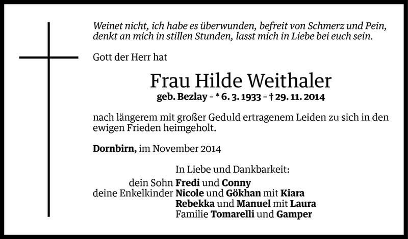  Todesanzeige für Hilde Weithaler vom 02.12.2014 aus Vorarlberger Nachrichten