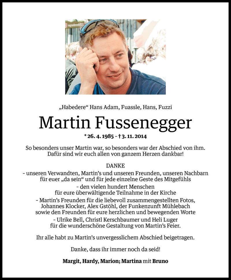  Todesanzeige für Martin Fussenegger vom 02.12.2014 aus Vorarlberger Nachrichten
