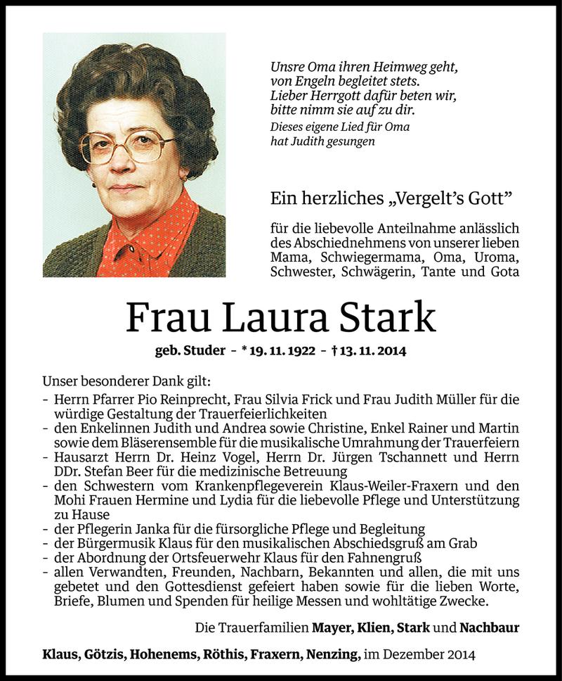  Todesanzeige für Laura Stark vom 06.12.2014 aus Vorarlberger Nachrichten