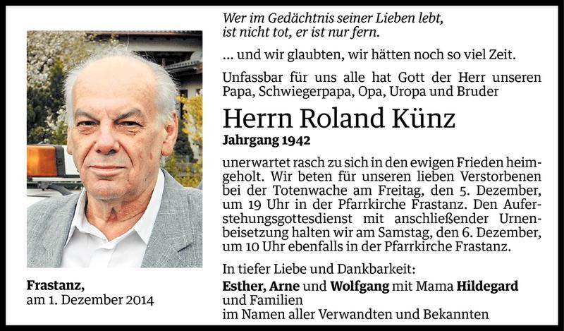  Todesanzeige für Roland Künz vom 03.12.2014 aus Vorarlberger Nachrichten