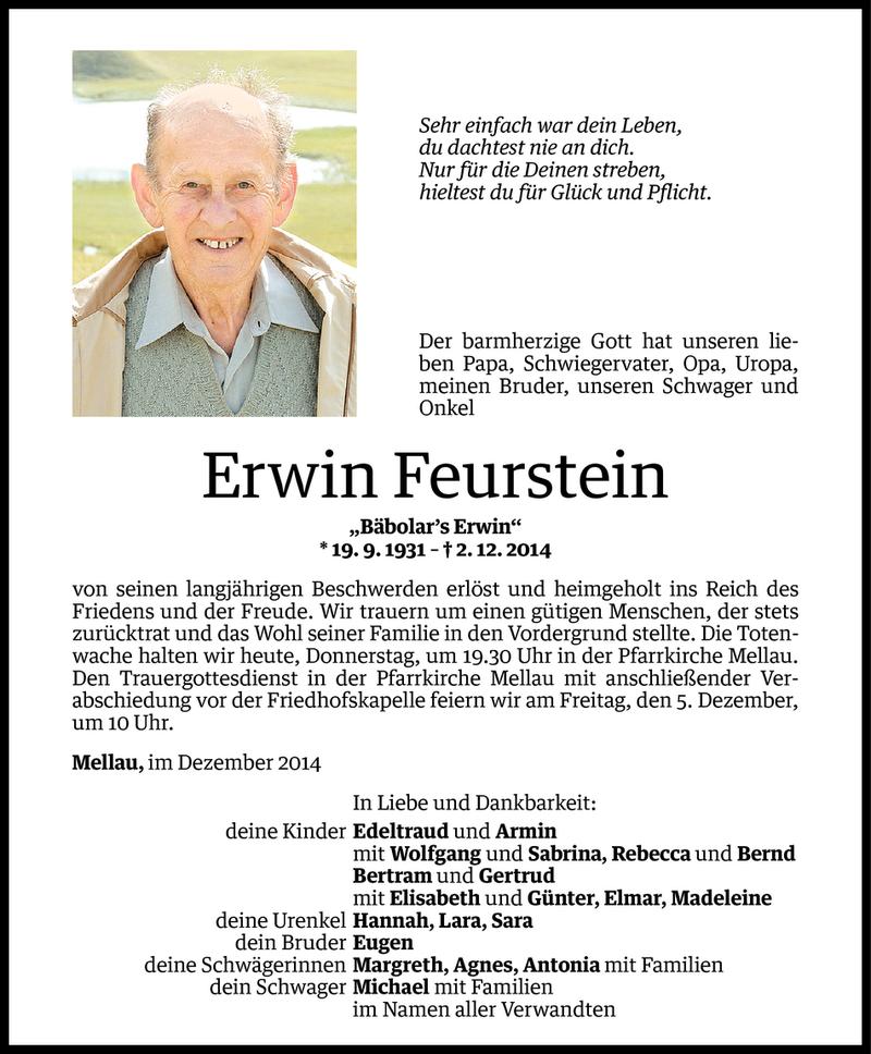  Todesanzeige für Erwin Feurstein vom 03.12.2014 aus Vorarlberger Nachrichten