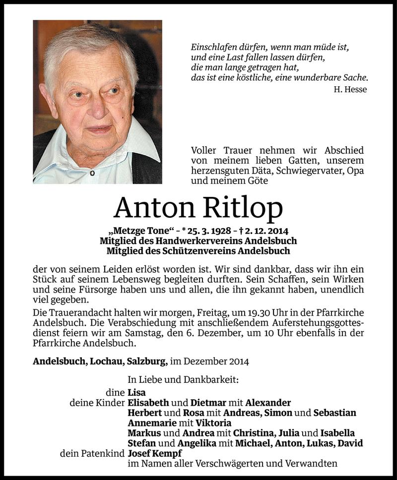  Todesanzeige für Anton Ritlop vom 03.12.2014 aus Vorarlberger Nachrichten