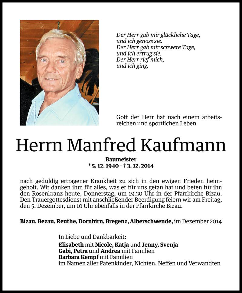  Todesanzeige für Manfred Kaufmann vom 03.12.2014 aus Vorarlberger Nachrichten