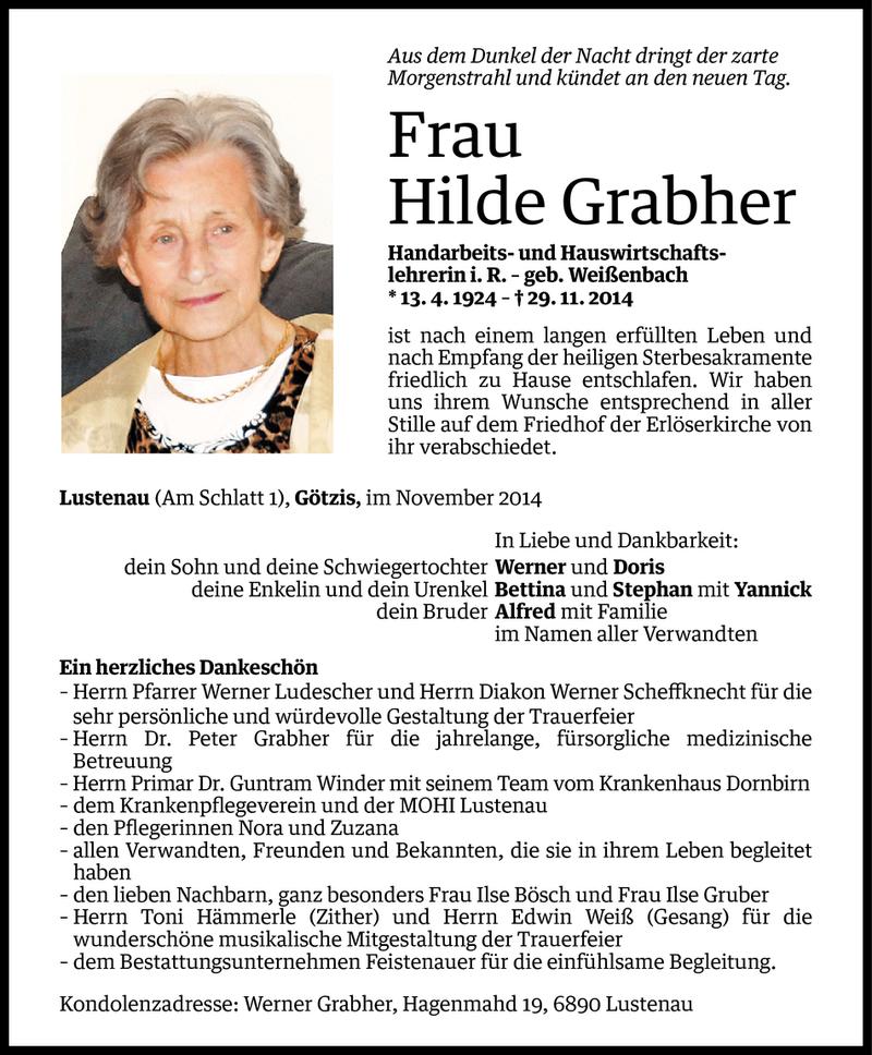  Todesanzeige für Hilde Grabher vom 04.12.2014 aus Vorarlberger Nachrichten