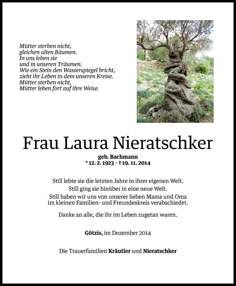  Todesanzeige für Laura Nieratschker vom 06.12.2014 aus Vorarlberger Nachrichten