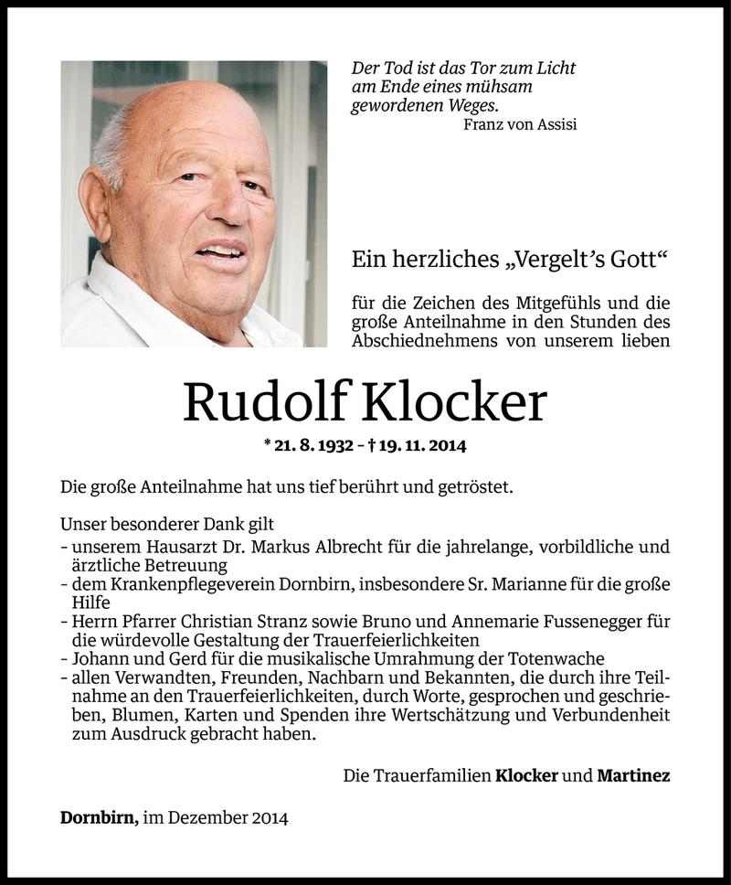  Todesanzeige für Rudolf Klocker vom 11.12.2014 aus Vorarlberger Nachrichten