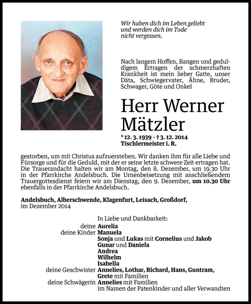  Todesanzeige für Werner Mätzler vom 05.12.2014 aus Vorarlberger Nachrichten