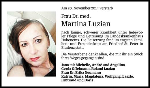 Todesanzeige von Martina Luzian von Vorarlberger Nachrichten