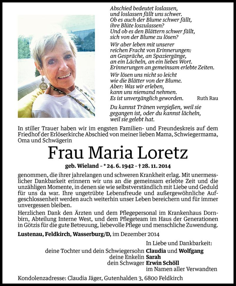  Todesanzeige für Maria Loretz vom 05.12.2014 aus Vorarlberger Nachrichten