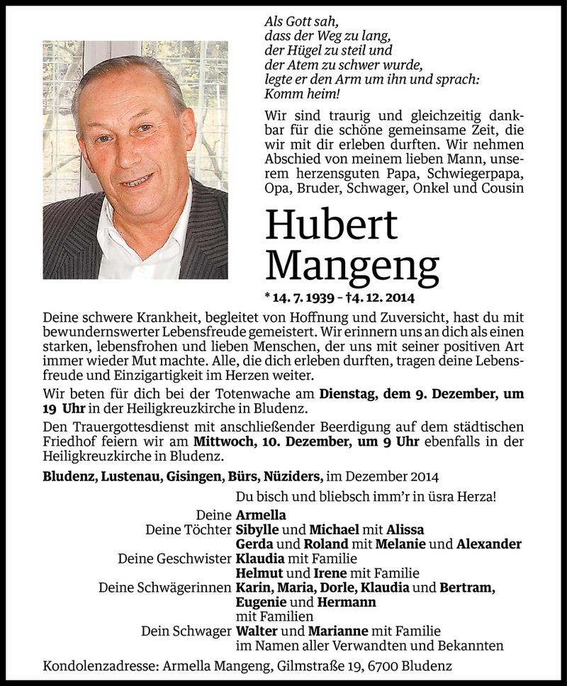  Todesanzeige für Hubert Mangeng vom 06.12.2014 aus Vorarlberger Nachrichten