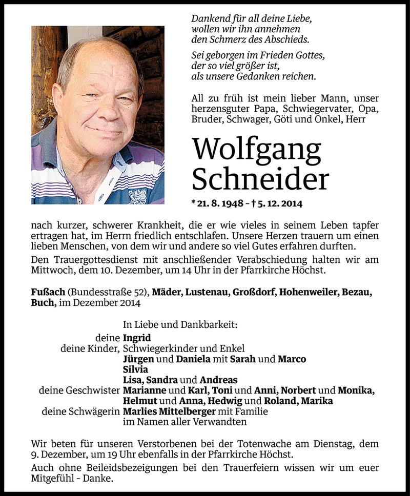  Todesanzeige für Wolfgang Schneider vom 05.12.2014 aus Vorarlberger Nachrichten