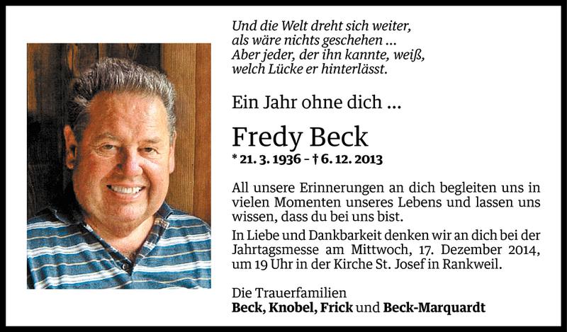  Todesanzeige für Fredy Beck vom 05.12.2014 aus Vorarlberger Nachrichten