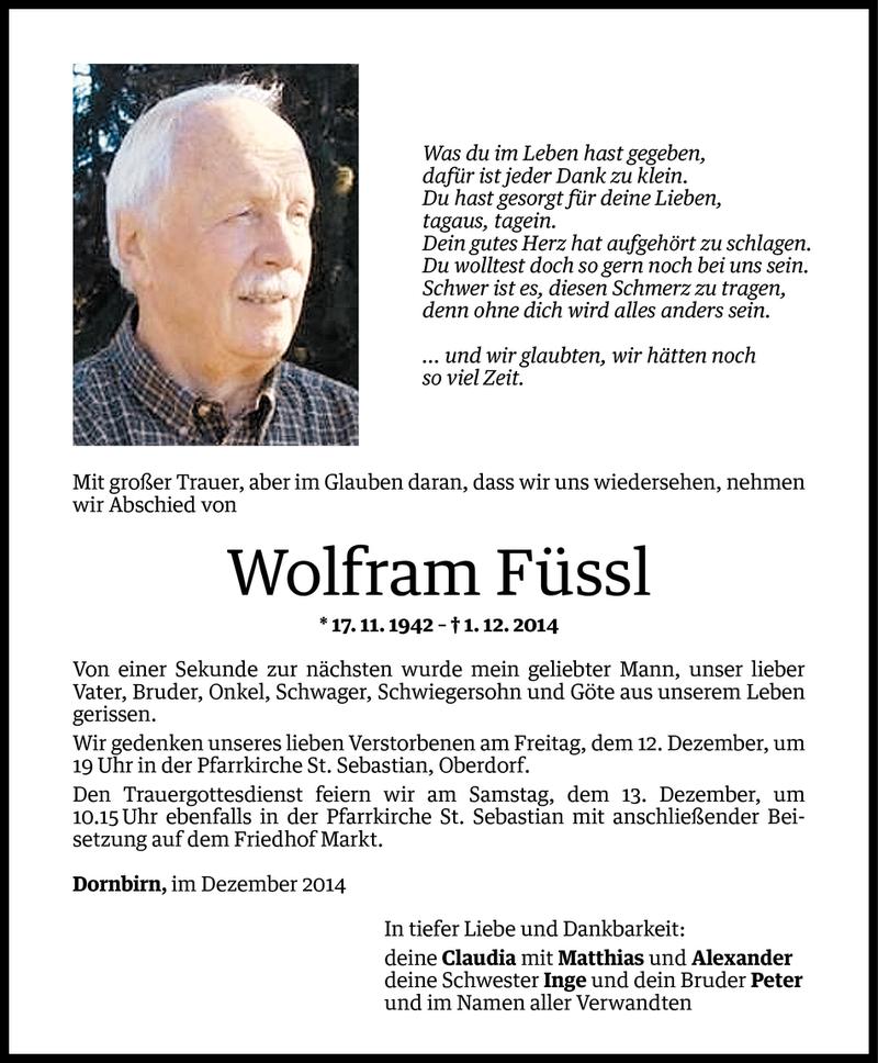  Todesanzeige für Wolfram Füssl vom 05.12.2014 aus Vorarlberger Nachrichten