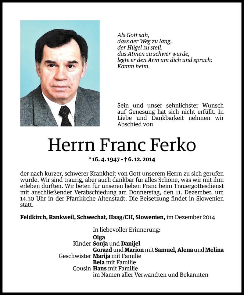  Todesanzeige für Franc Ferko vom 07.12.2014 aus Vorarlberger Nachrichten