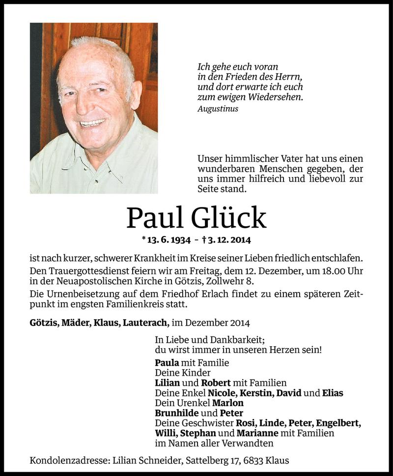  Todesanzeige für Paul Glück vom 10.12.2014 aus Vorarlberger Nachrichten