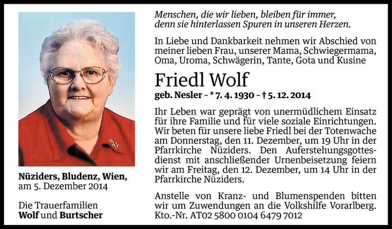  Todesanzeige für Friedl Wolf vom 09.12.2014 aus Vorarlberger Nachrichten