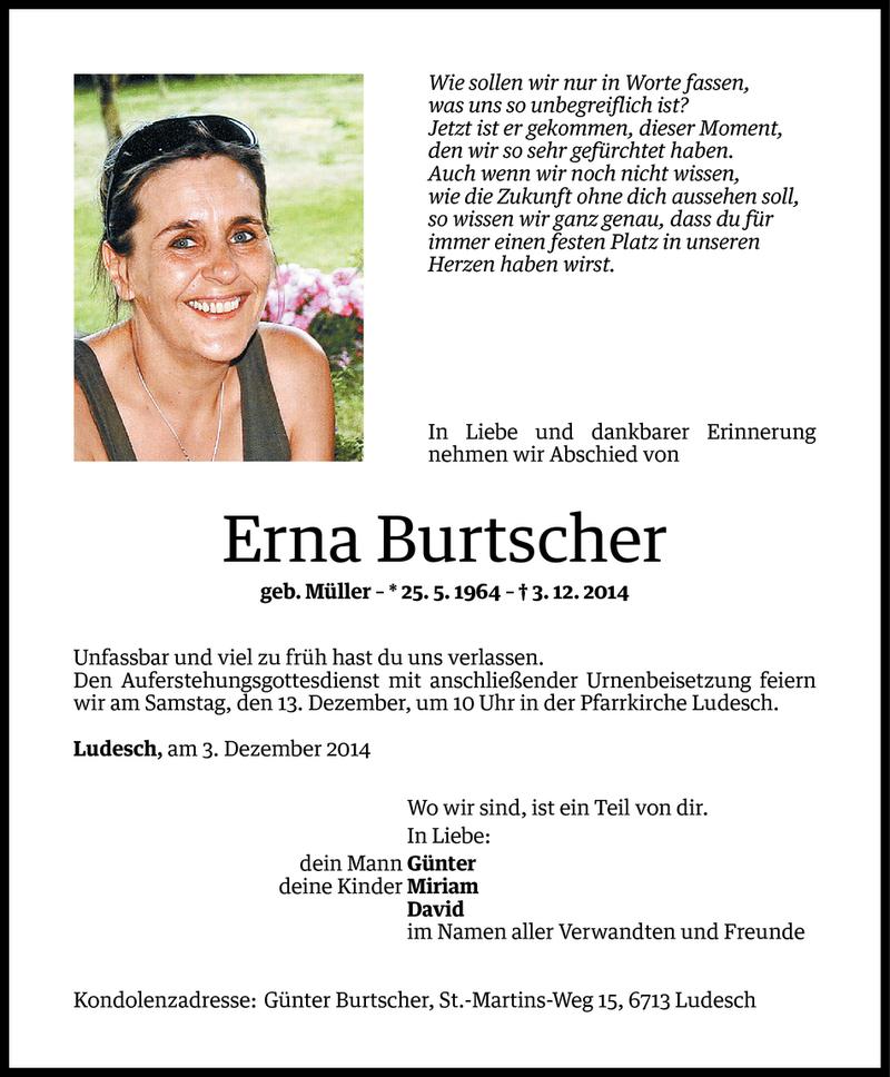  Todesanzeige für Erna Burtscher vom 09.12.2014 aus Vorarlberger Nachrichten