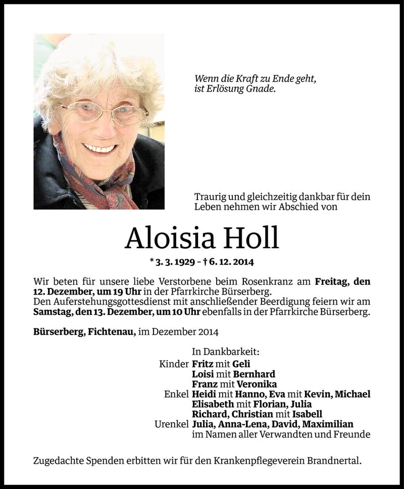  Todesanzeige für Aloisia Holl vom 10.12.2014 aus Vorarlberger Nachrichten