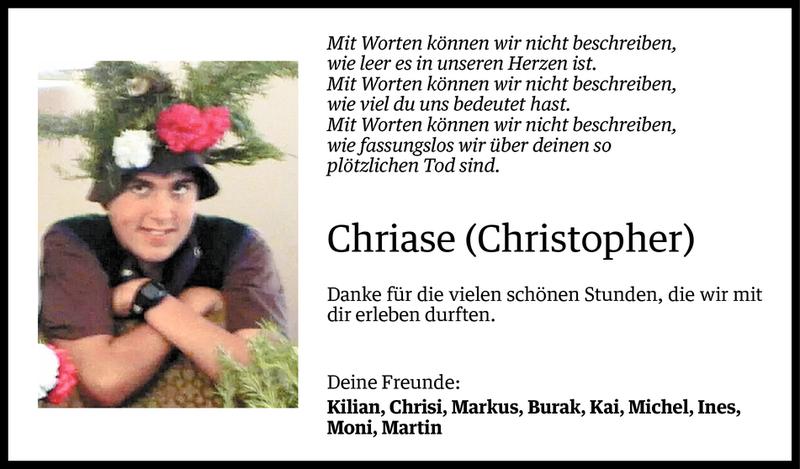  Todesanzeige für Christopher Beer vom 09.12.2014 aus Vorarlberger Nachrichten