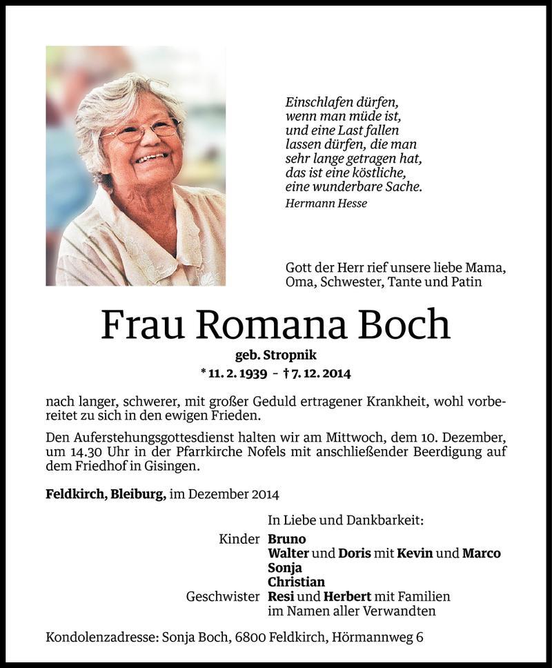  Todesanzeige für Romana Boch vom 10.12.2014 aus Vorarlberger Nachrichten