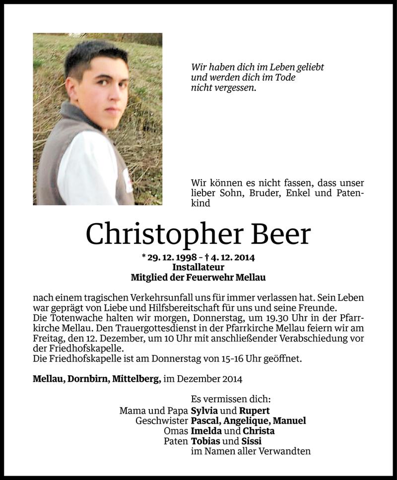  Todesanzeige für Christopher Beer vom 09.12.2014 aus Vorarlberger Nachrichten