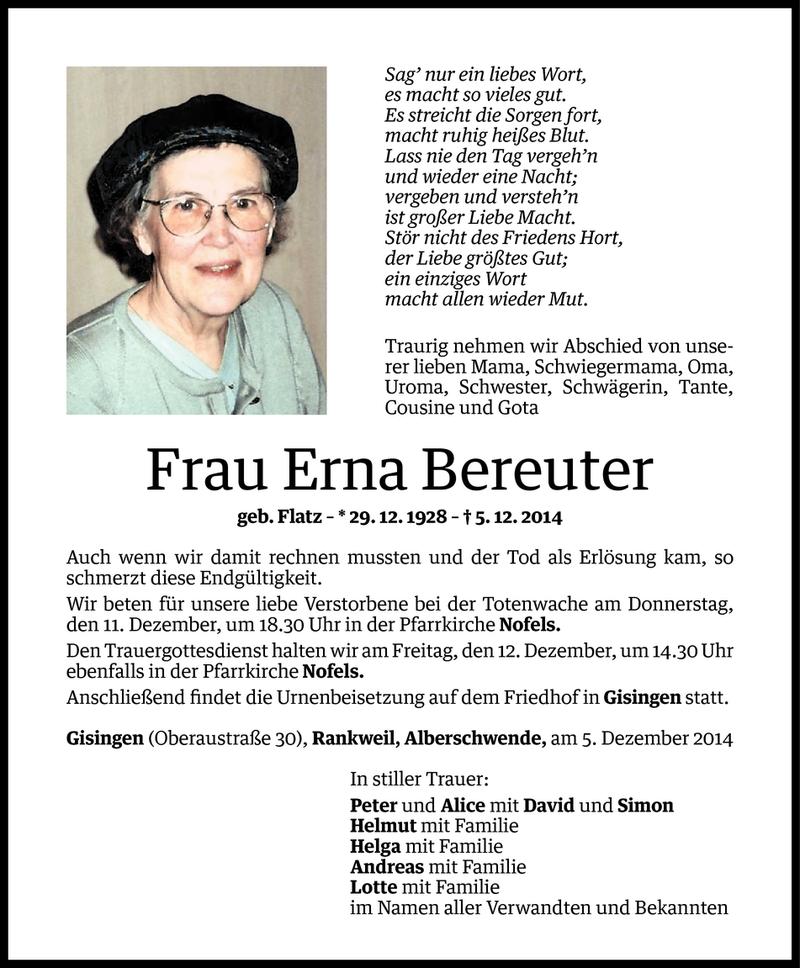  Todesanzeige für Erna Bereuter vom 09.12.2014 aus Vorarlberger Nachrichten