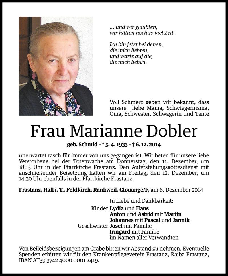  Todesanzeige für Marianne Dobler vom 09.12.2014 aus Vorarlberger Nachrichten