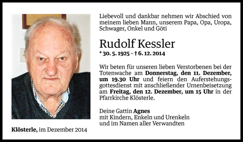  Todesanzeige für Rudolf Kessler vom 10.12.2014 aus Vorarlberger Nachrichten