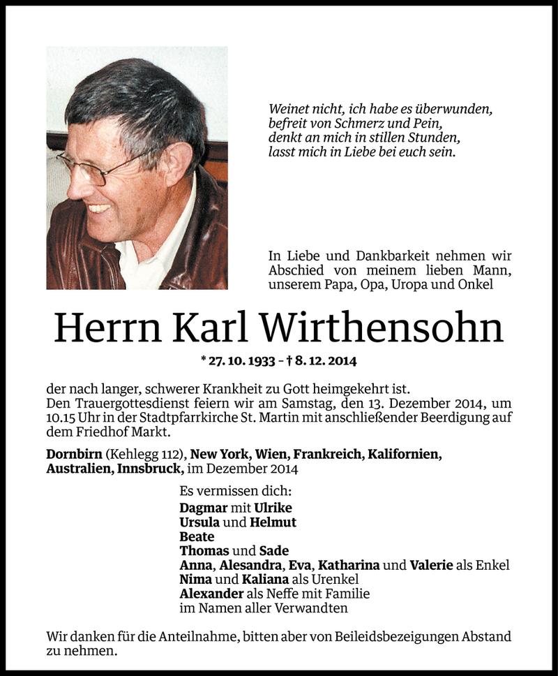  Todesanzeige für Karl Wirthensohn vom 09.12.2014 aus Vorarlberger Nachrichten