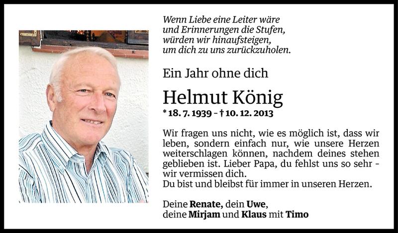  Todesanzeige für Helmut König vom 09.12.2014 aus Vorarlberger Nachrichten