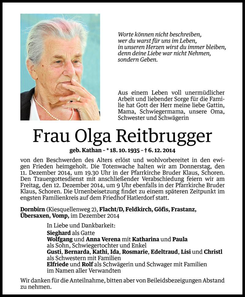  Todesanzeige für Olga Reitbrugger vom 10.12.2014 aus Vorarlberger Nachrichten