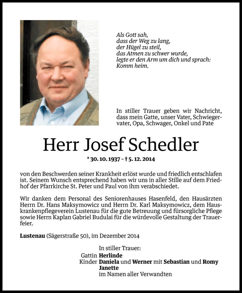 Todesanzeigen von Josef Schedler | Todesanzeigen Vorarlberger Nachrichten