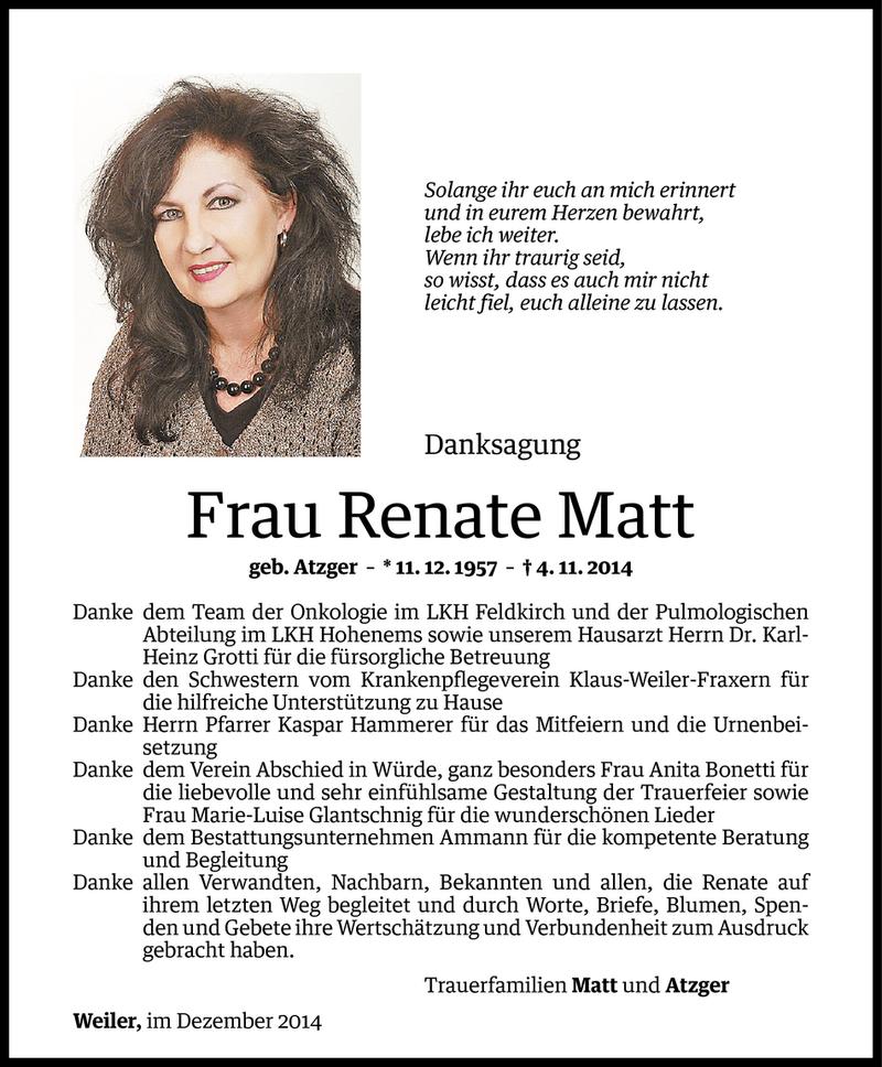  Todesanzeige für Renate Matt vom 12.12.2014 aus Vorarlberger Nachrichten