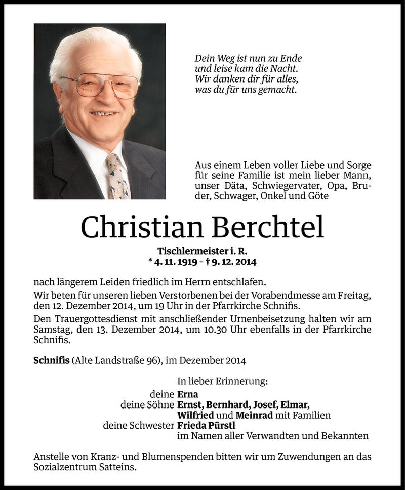  Todesanzeige für Christian Berchtel vom 10.12.2014 aus Vorarlberger Nachrichten