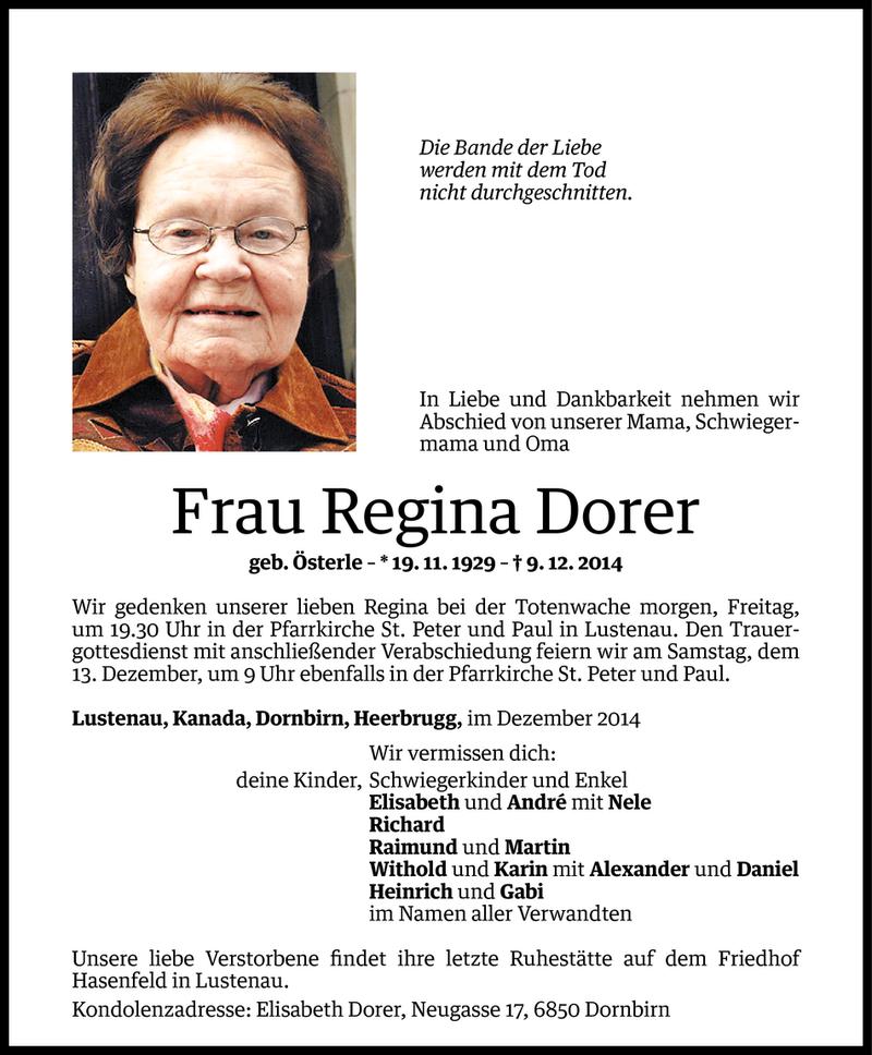  Todesanzeige für Regina Dorer vom 10.12.2014 aus Vorarlberger Nachrichten