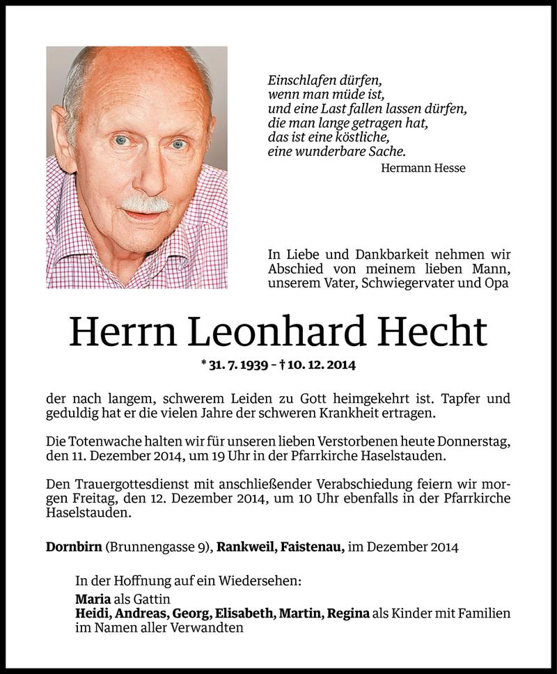  Todesanzeige für Leonhard Hecht vom 10.12.2014 aus Vorarlberger Nachrichten