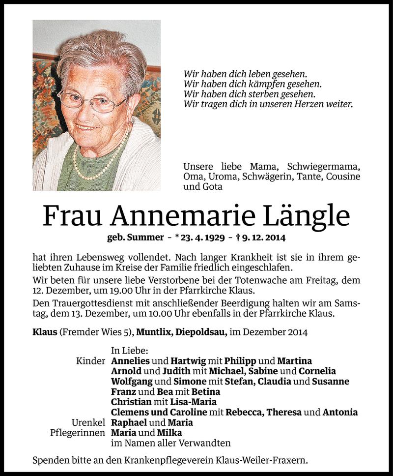  Todesanzeige für Annemarie Längle vom 11.12.2014 aus Vorarlberger Nachrichten