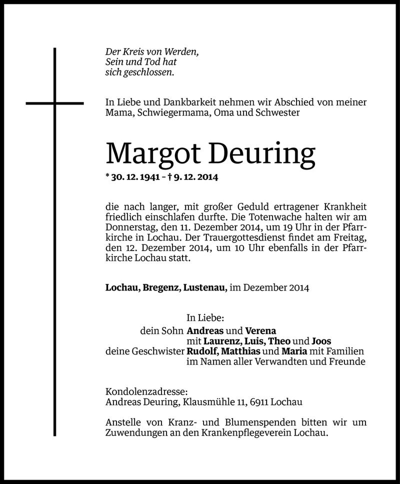  Todesanzeige für Margot Deuring vom 10.12.2014 aus Vorarlberger Nachrichten