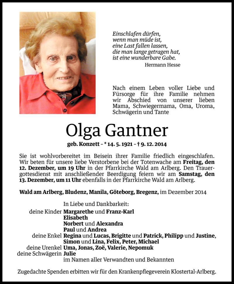  Todesanzeige für Olga Gantner vom 10.12.2014 aus Vorarlberger Nachrichten