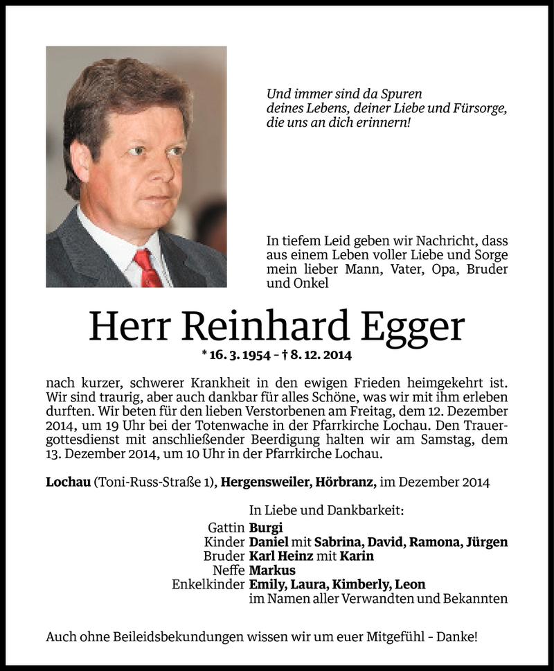  Todesanzeige für Reinhard Egger vom 10.12.2014 aus Vorarlberger Nachrichten