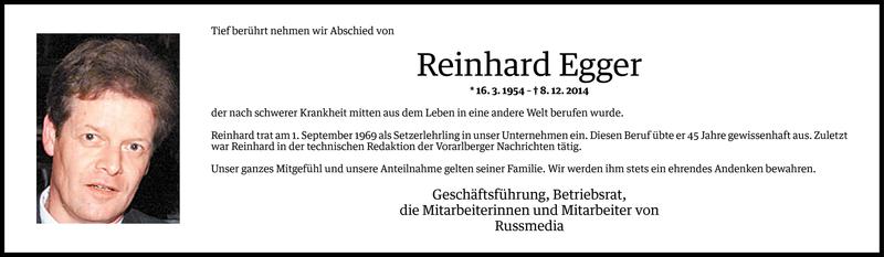  Todesanzeige für Reinhard Egger vom 10.12.2014 aus Vorarlberger Nachrichten